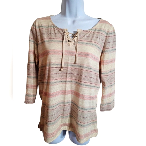 Vintage LRL Jeans Striped Lace-Up Top S Beige Pink Earthy Classic Preppy Boho - Picture 2 of 6